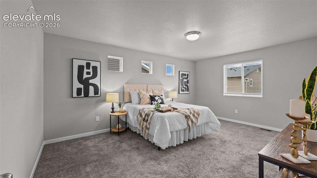 Image 24 of 34: Neutral-toned room featuring plush wall-to-wall carpeting, a horizontal sli