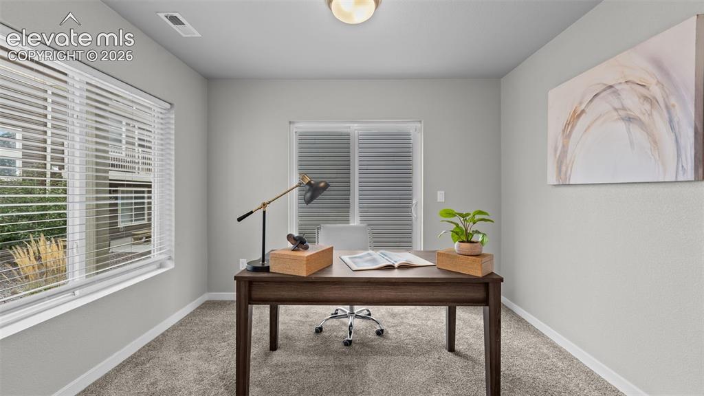 Image 3 of 34: Neutral-toned room featuring wall-to-wall carpeting, two windows with horiz