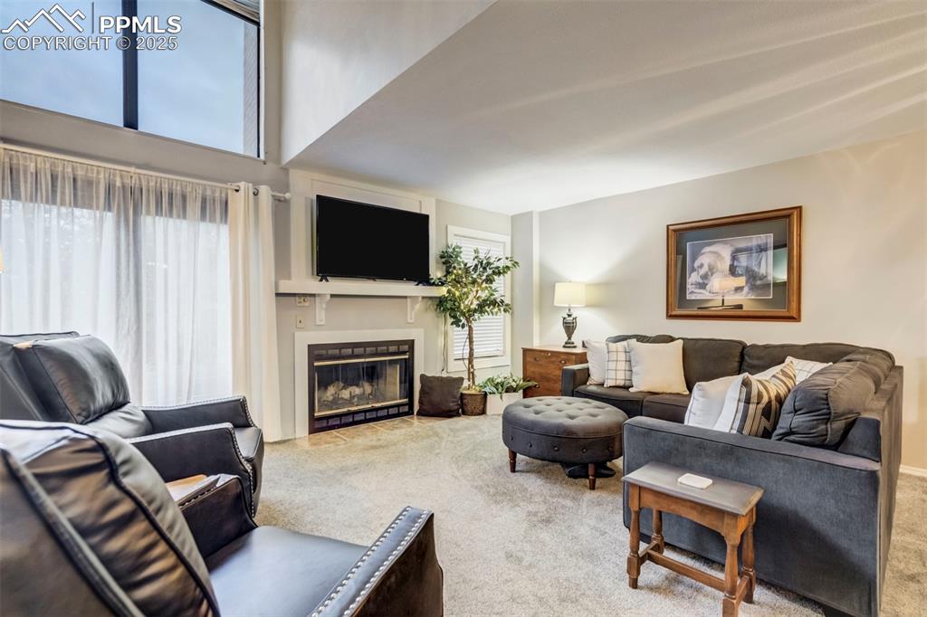 Image 8 of 31: Living room with carpet, plenty of natural light, and a glass covered firep