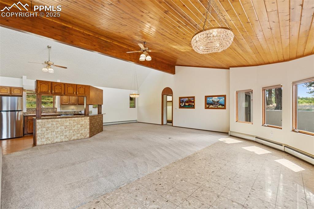 Image 21 of 50: Unfurnished living room with plenty of natural light, light carpet, a wood