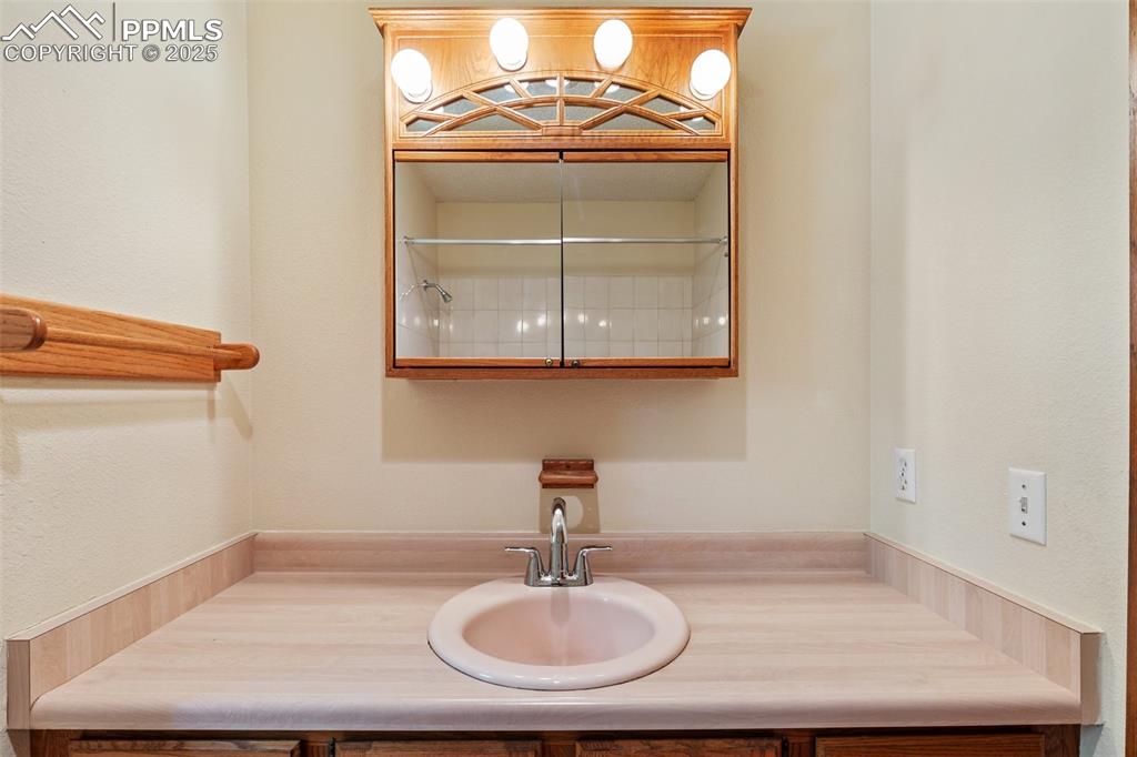 Image 32 of 50: Full bath featuring vanity, a shower, and a textured wall