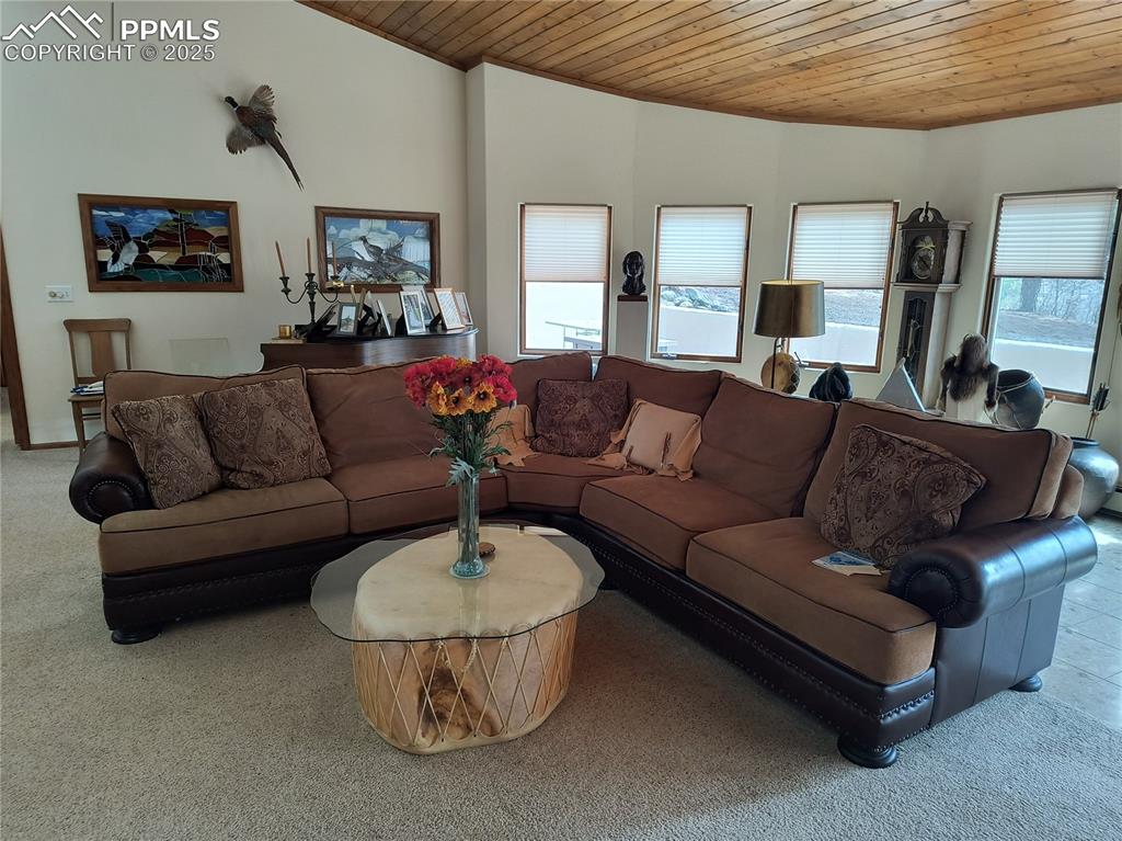 Image 7 of 50: Living area with wooden ceiling and carpet floors