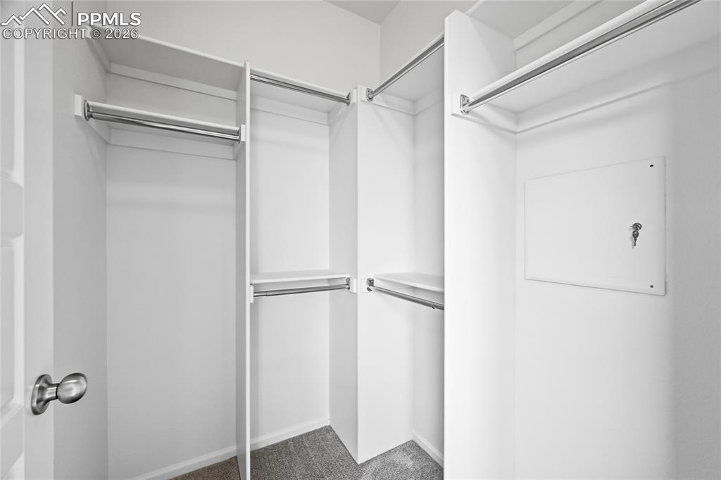 Image 19 of 40: Primary walk in closet featuring light colored carpet