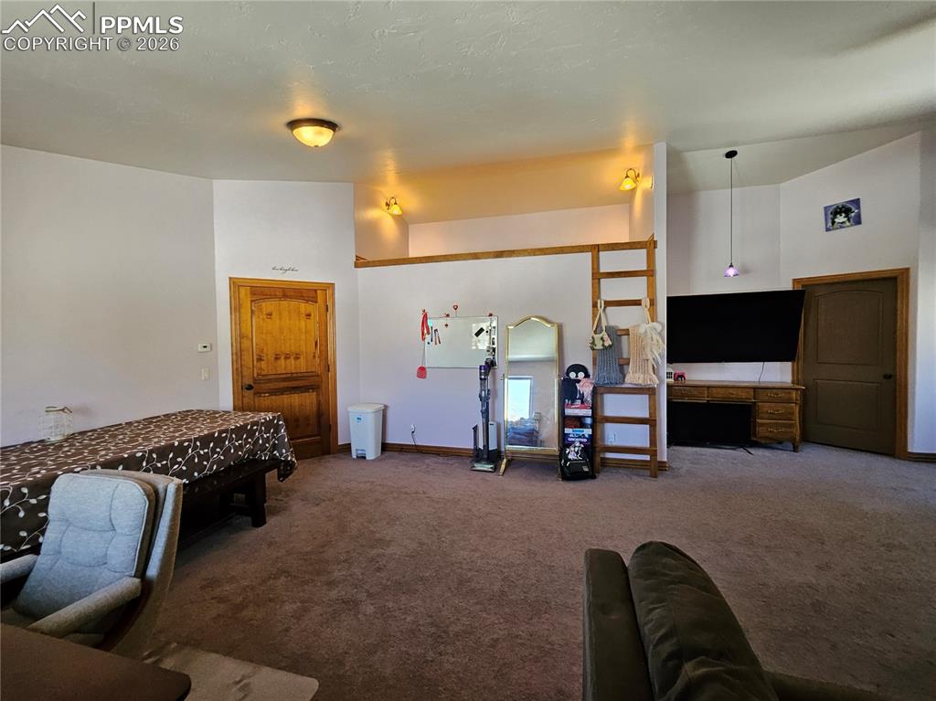 Image 21 of 48: Carpeted spacious bedroom with loft space - currently used as second living