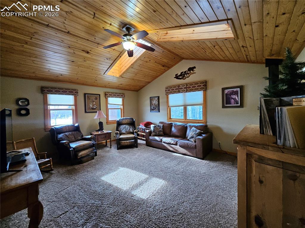 Image 35 of 48: Cabin living room, carpeted, with skylights, wood ceiling, a ceiling fan, a