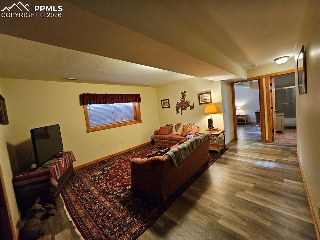 Image 43 of 48: Cabin basement living room with laminate floors