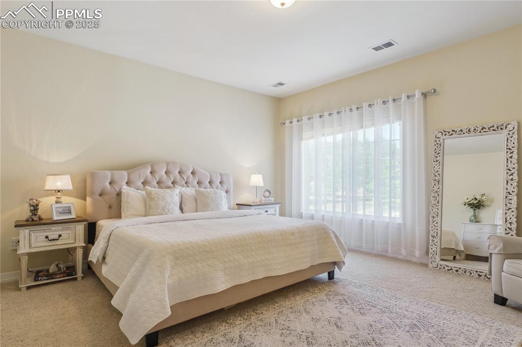 Image 21 of 41: Carpeted bedroom with visible vents