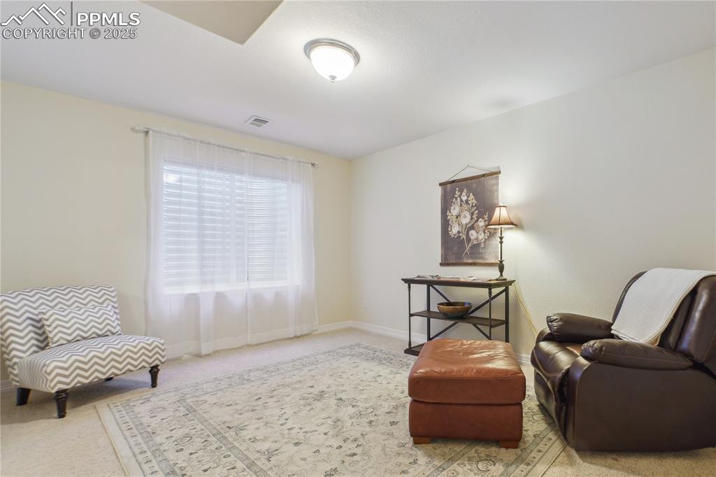 Image 30 of 41: Living area with carpet, visible vents, and baseboards