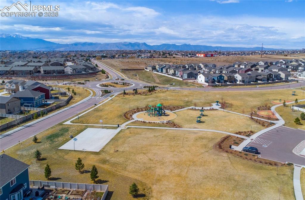 Image 39 of 41: Aerial view of community park and playground.