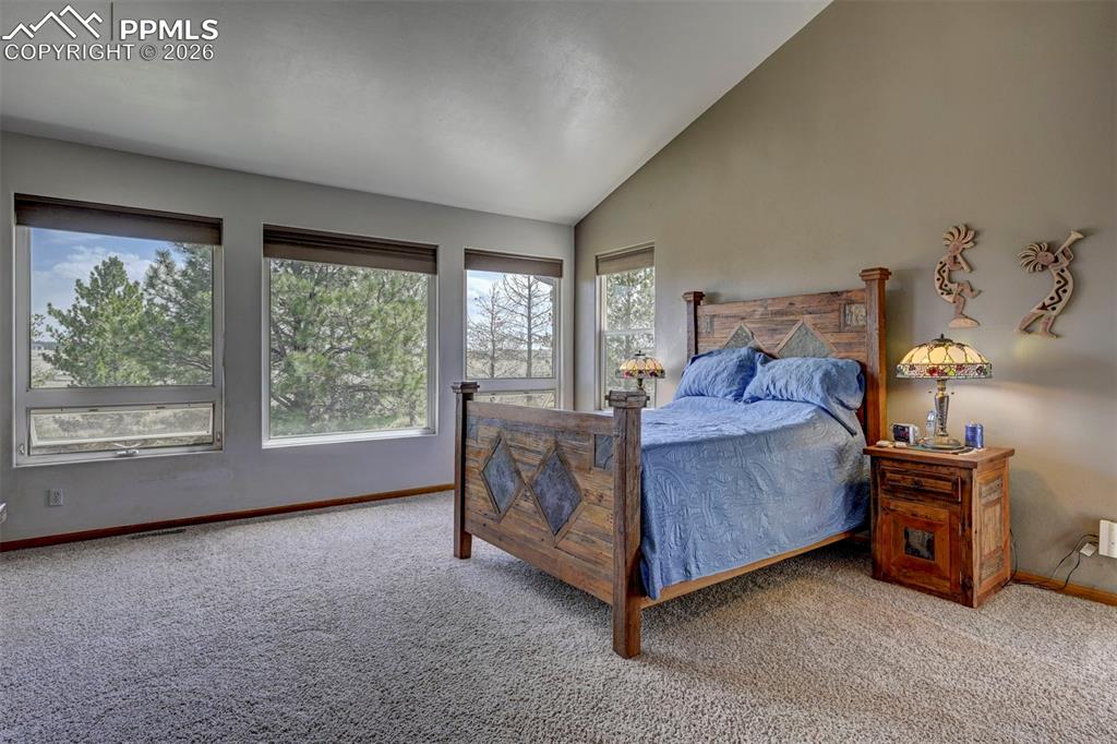Image 13 of 50: Master bedroom with large windows, vaulted ceilings, adjoining master bathr
