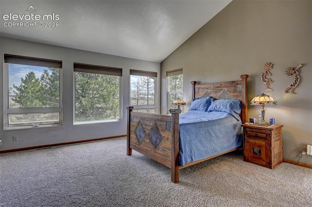 Image 14 of 50: Master bedroom with large windows, vaulted ceilings, adjoining master bathr