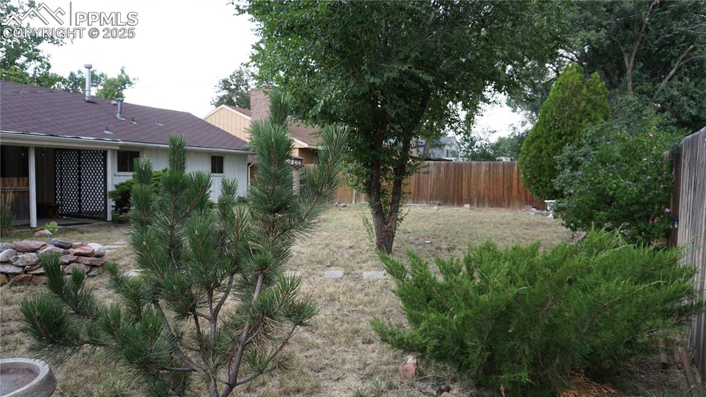 Image 19 of 23: Lots of bushes and plantings in a back yard that has a jump start on being