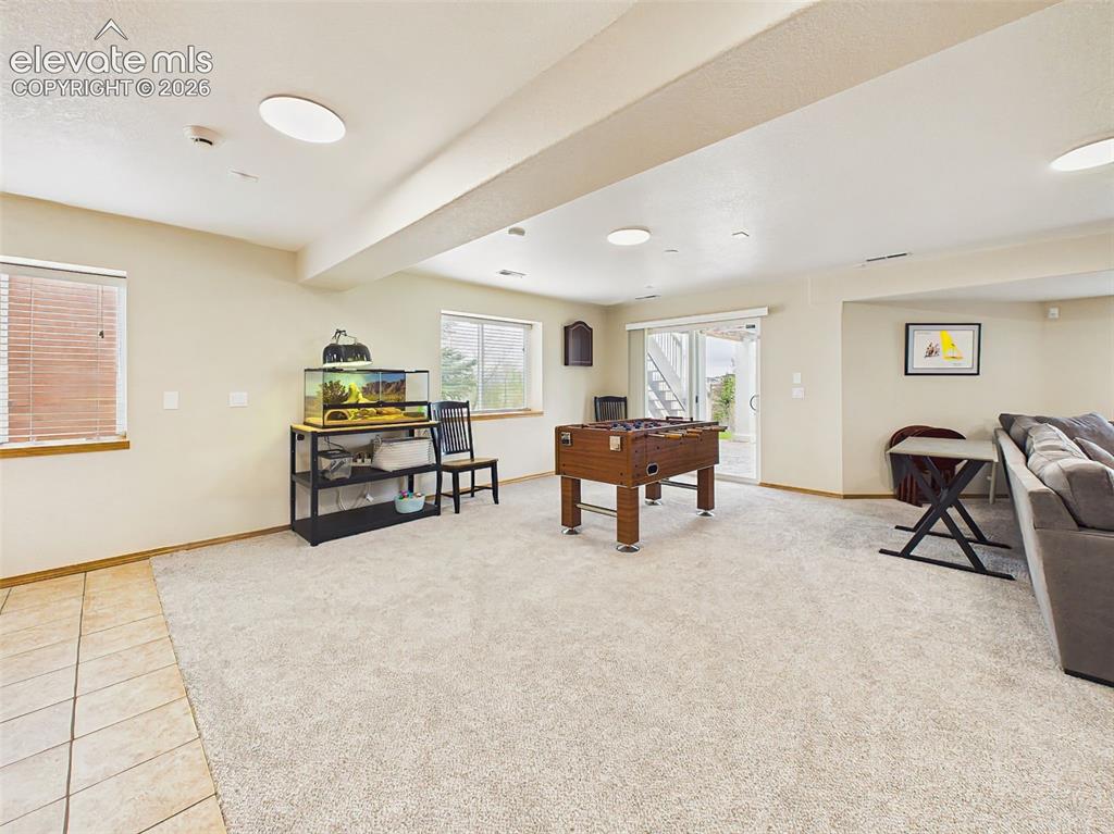 Image 27 of 50: Spacious walkout recreation area with plush carpeting and ample room for ga