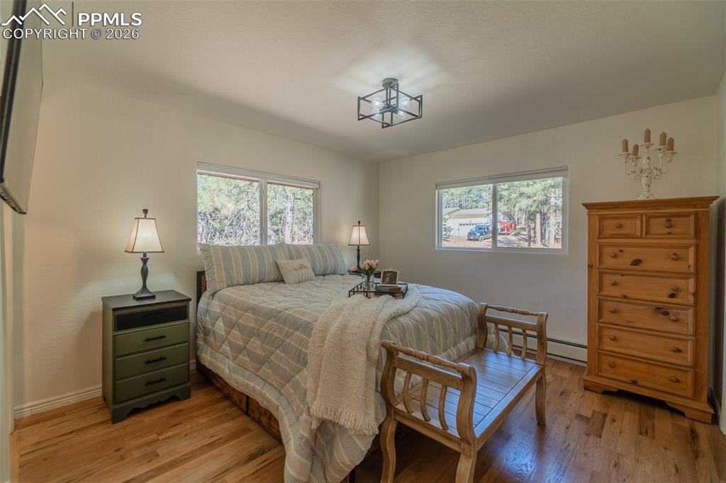 Image 17 of 50: Primary Bedroom on main level featuring light wood-type flooring and a base