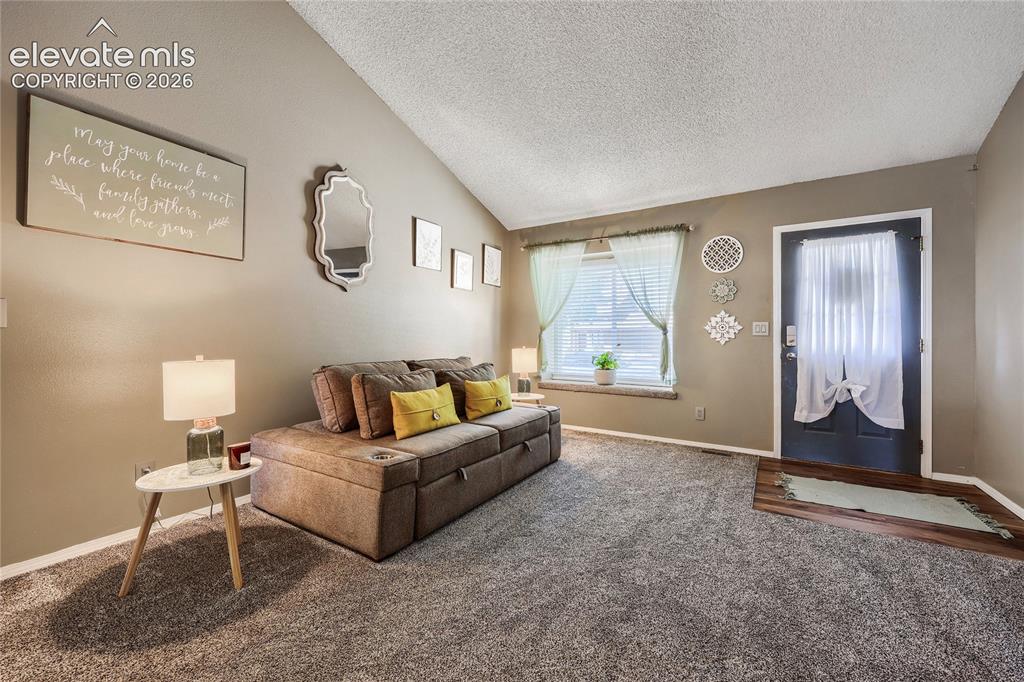 Image 4 of 19: Vaulted ceiling, neutral wall paint, carpeted flooring, window with blinds,