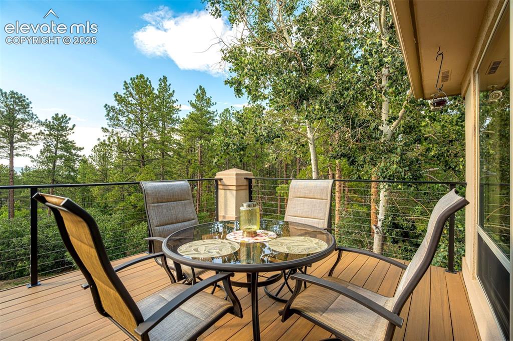 Image 37 of 40: Expansive outdoor deck featuring wood-finish flooring, black metal railings