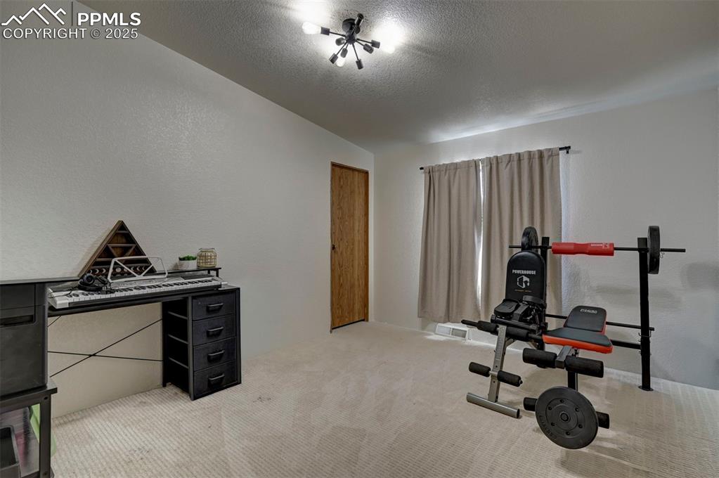 Image 19 of 40: Workout room featuring carpet, a textured ceiling, and a textured wall