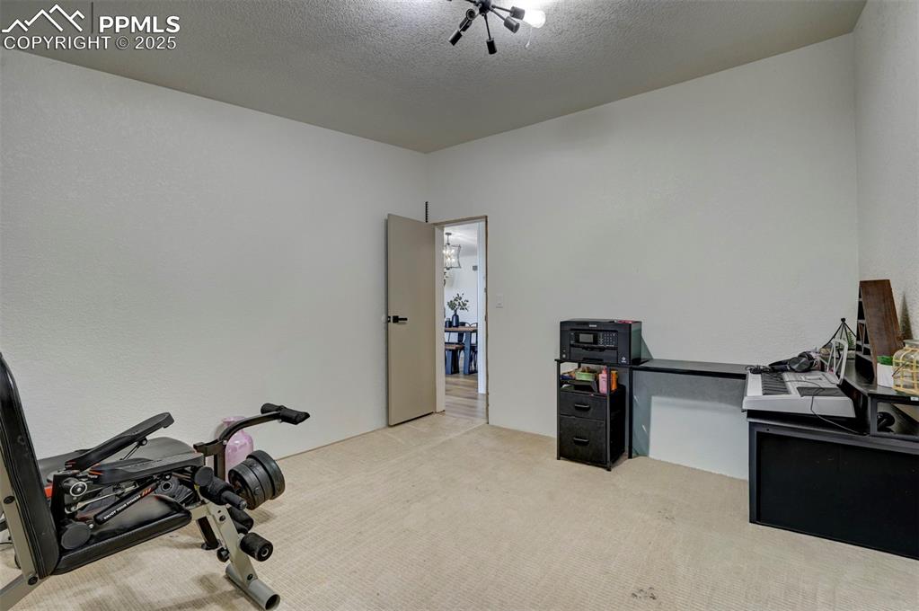 Image 20 of 40: Workout area featuring carpet and a textured ceiling
