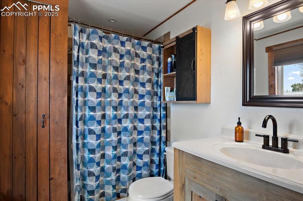 Image 19 of 41: Bathroom featuring toilet, vanity, and a shower with curtain