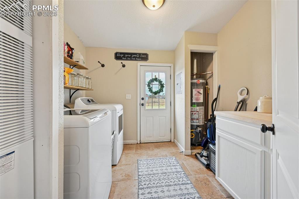 Image 22 of 31: Washroom featuring a heating unit, gas water heater, washing machine and dr