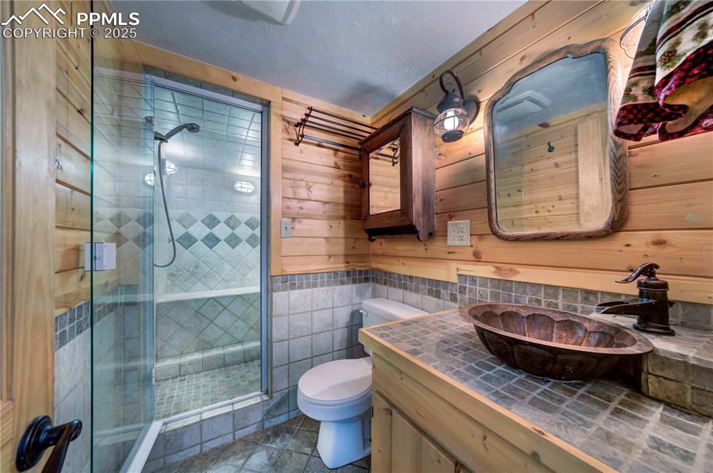 Image 28 of 50: Full bathroom with a shower stall, wooden walls, vanity, dark tile patterne