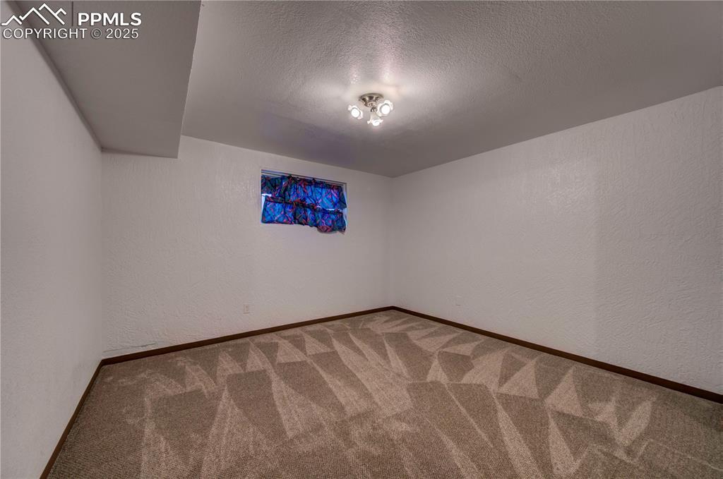 Image 36 of 50: Unfurnished room with a textured wall, a textured ceiling, and carpet floor