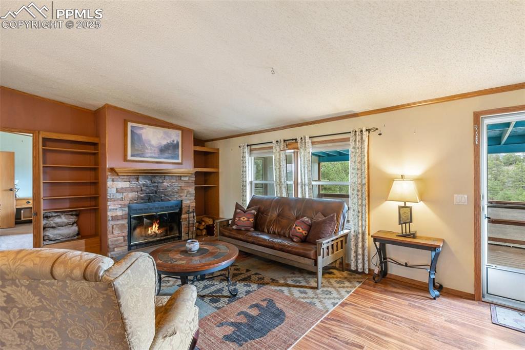 Image 11 of 37: Living area with crown molding, healthy amount of natural light, a stone fi