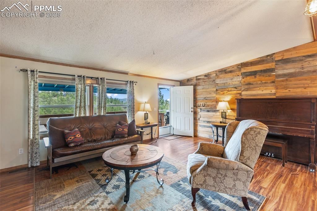 Image 13 of 37: Living room with vaulted ceiling, plenty of natural light, wood finished fl