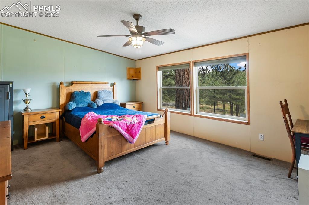 Image 22 of 37: Carpeted bedroom with crown molding, a textured ceiling, and a ceiling fan