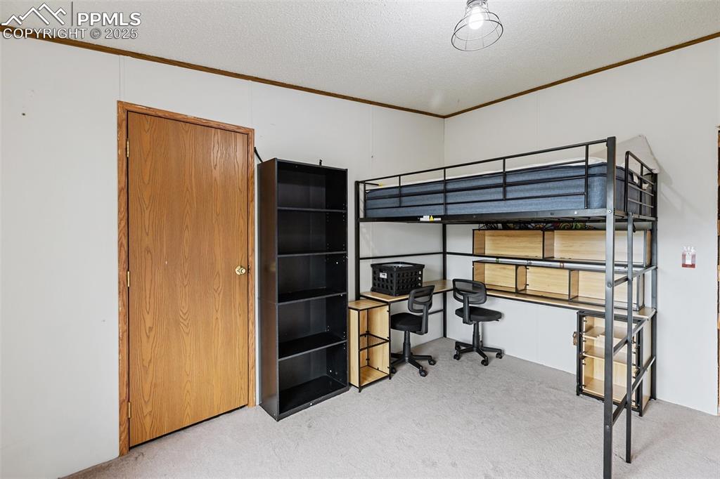 Image 24 of 37: Bedroom featuring crown molding, light carpet, a desk, and a textured ceili