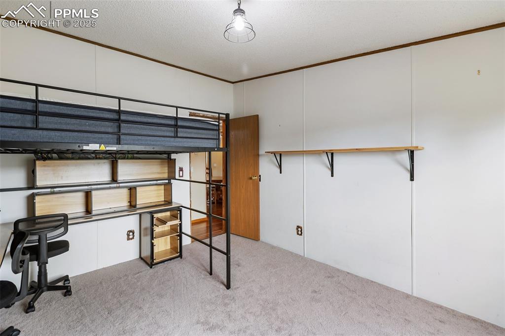 Image 25 of 37: Unfurnished bedroom featuring crown molding, light carpet, and a textured c