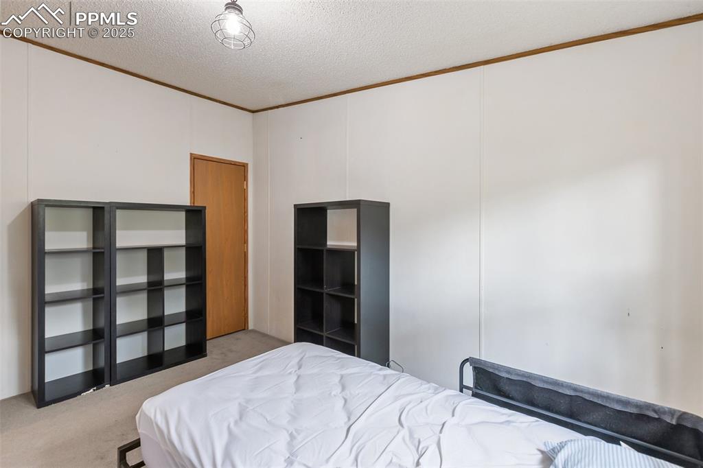Image 27 of 37: Bedroom with crown molding, light colored carpet, and a textured ceiling