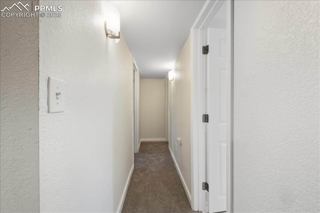 Image 13 of 22: Hall with a textured wall and dark colored carpet