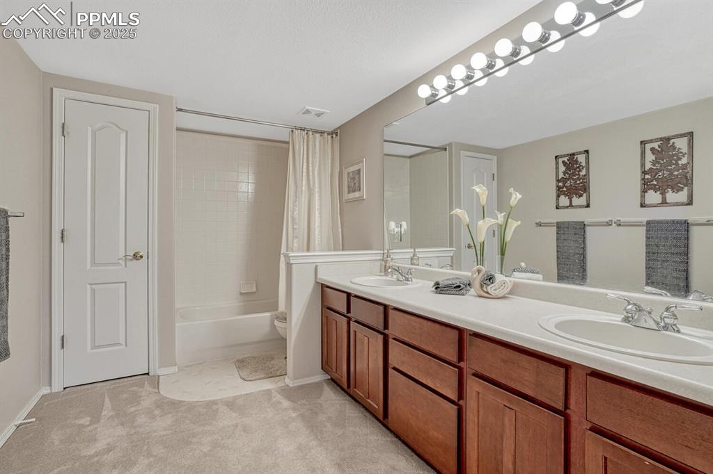 Image 40 of 48: Basement bath with shower/tub combo and dual vanity!