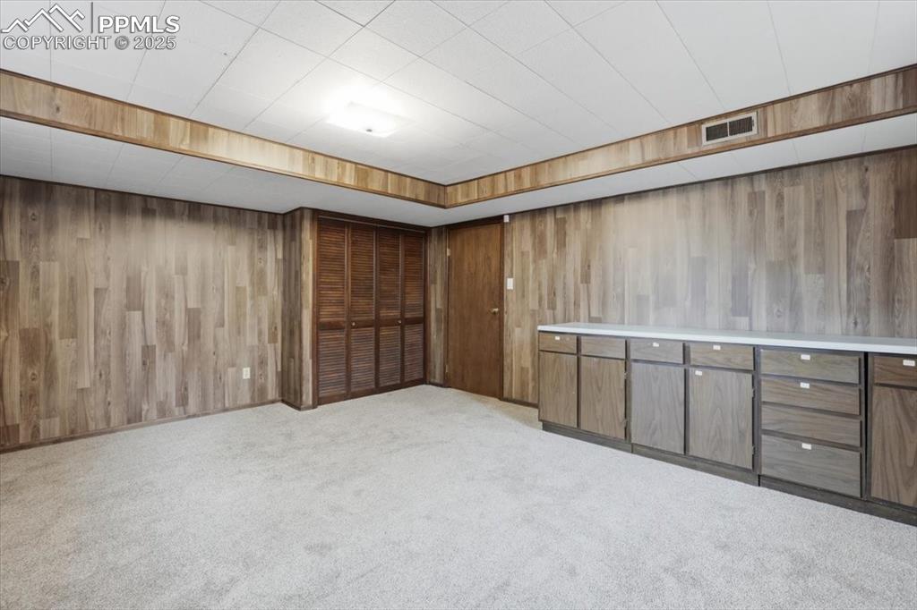 Image 36 of 50: Below grade area with wooden walls and light carpet