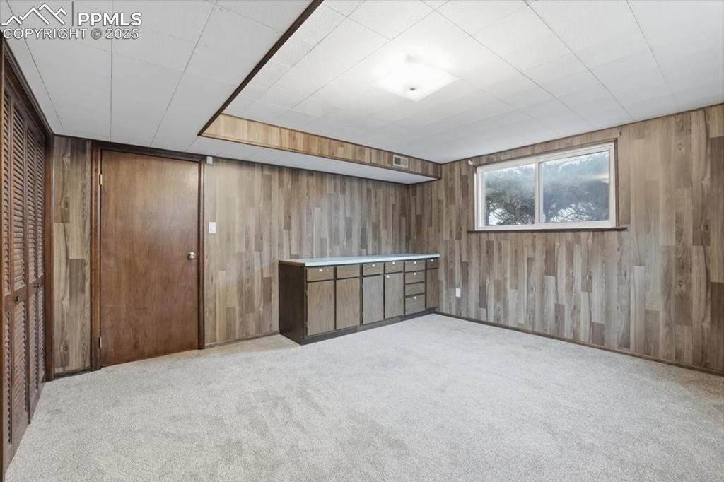 Image 38 of 50: Below grade area with light carpet and wooden walls