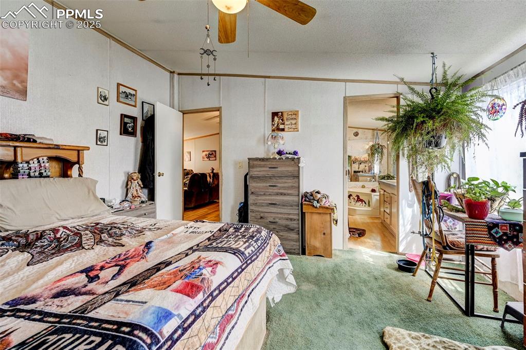 Image 13 of 44: Bedroom with carpet, ornamental molding, vaulted ceiling, connected bathroo