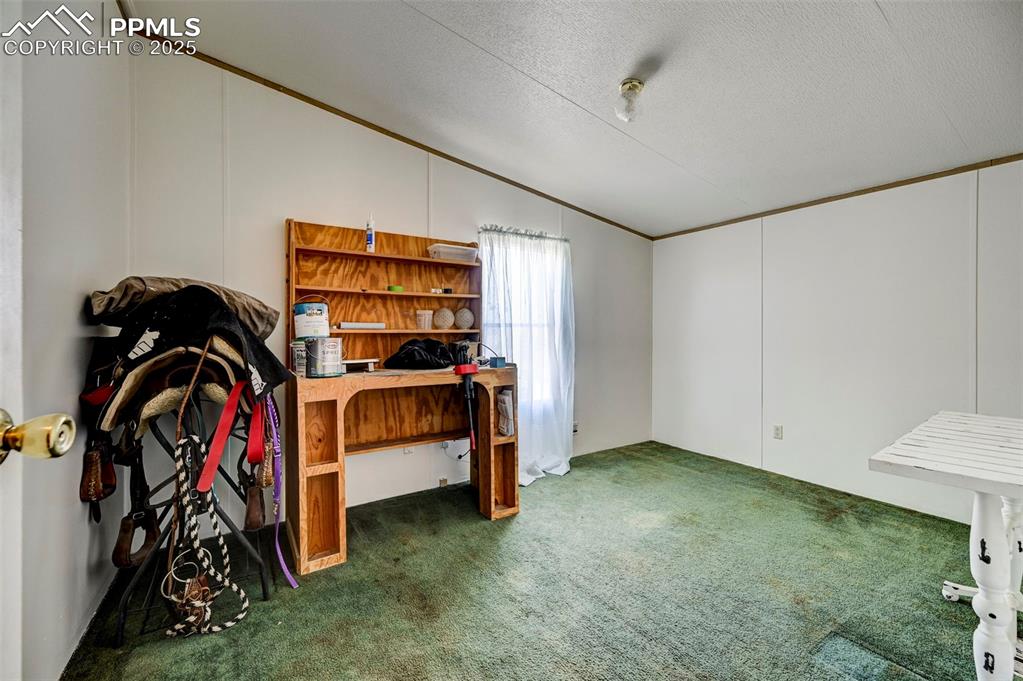 Image 15 of 44: Bedroom 2 with lofted ceiling, carpet flooring, a textured ceiling, a decor