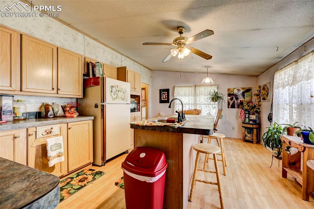 Image 9 of 44: Kitchen featuring ceiling fan, freestanding refrigerator, a textured ceilin
