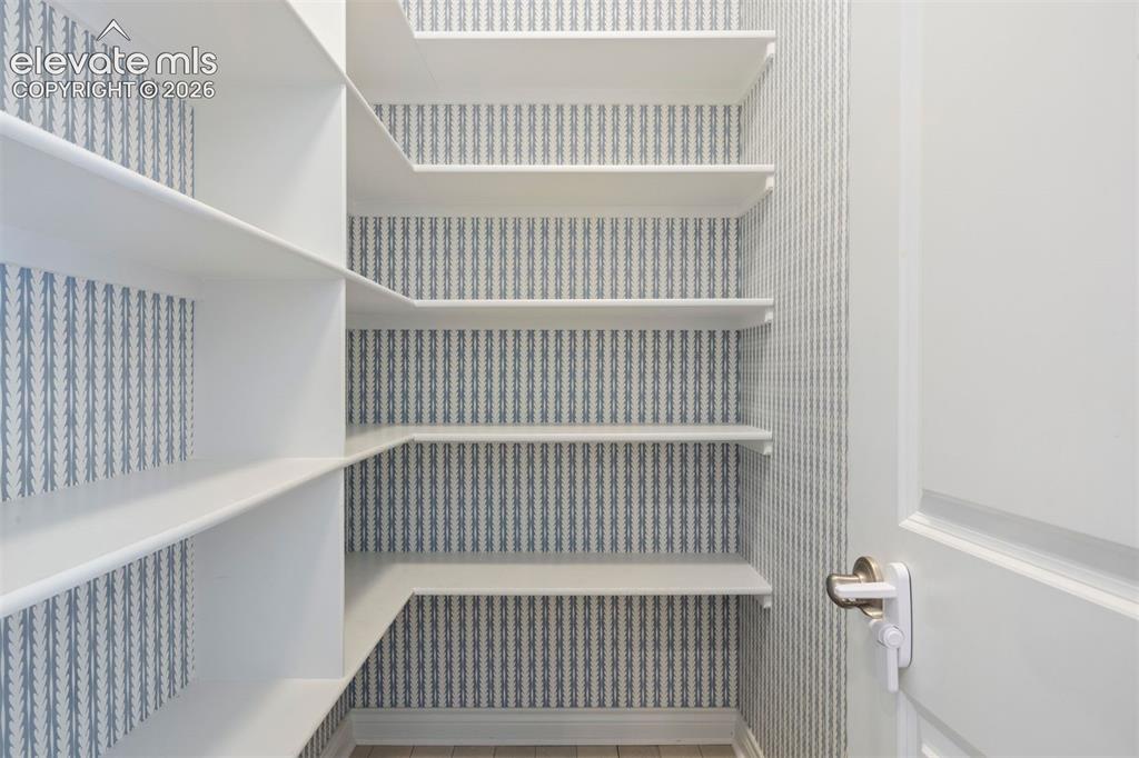 Image 17 of 49: Built-in pantry shelving featuring a light wood-finish flooring and pattern