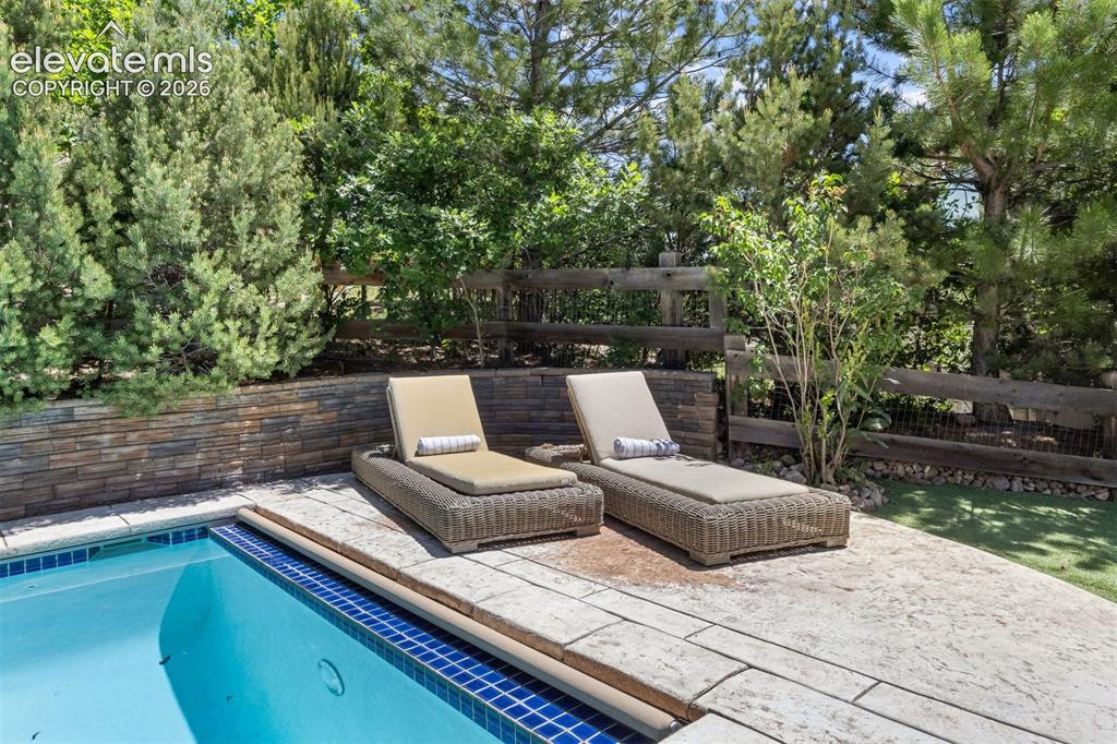 Image 44 of 49: Swimming pool with blue tile coping, stamped concrete decking, a stacked st