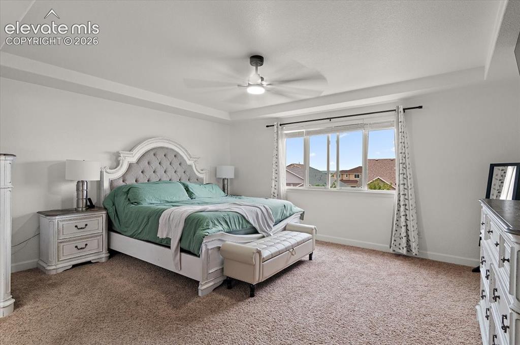Image 13 of 39: Tray ceiling, ceiling fan with integrated lighting, large multi-pane window