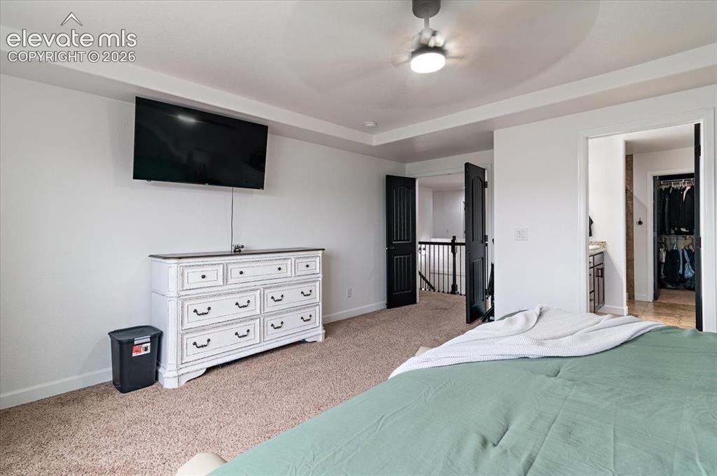 Image 14 of 39: Recessed ceiling with a flush-mount ceiling fan