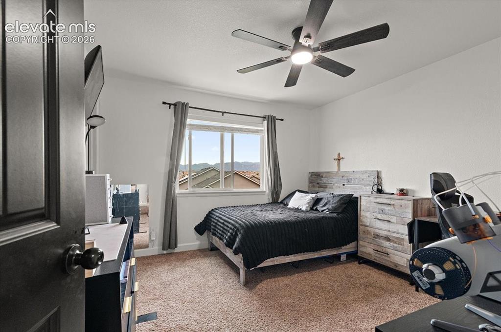 Image 18 of 39: White walls with a window, dark brown carpet, and a ceiling fan