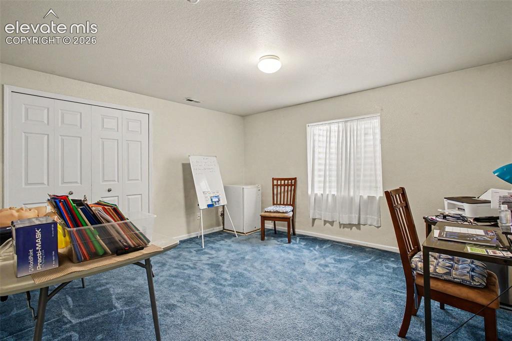 Image 15 of 33: Room featuring a window with white blinds, a flush-mount ceiling light, and