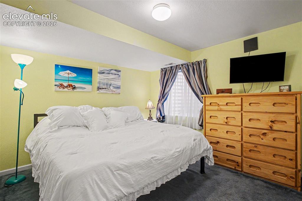 Image 22 of 33: Spacious bedroom featuring light yellow walls and dark carpet flooring