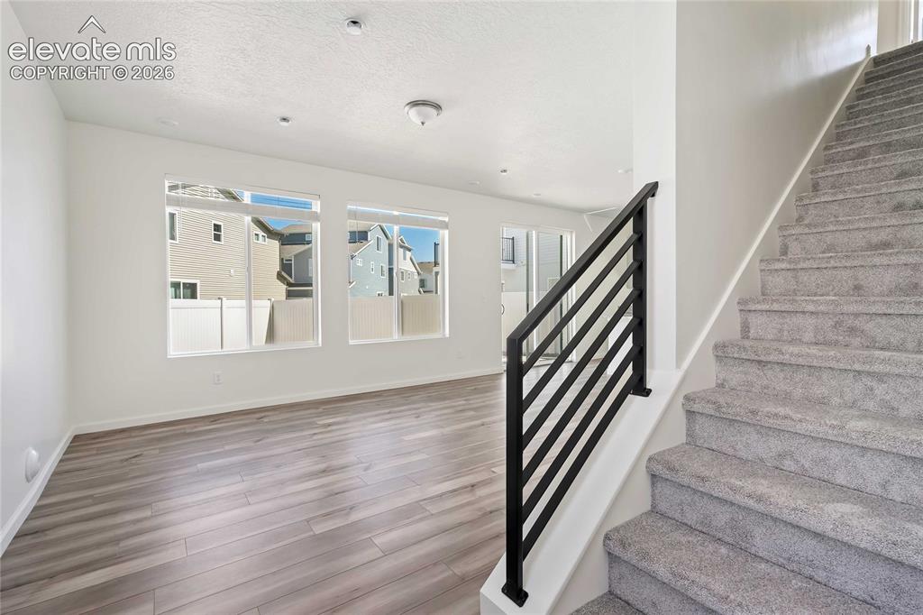 Image 4 of 25: Wood-finish flooring, multiple windows, sliding glass door, carpeted stairc
