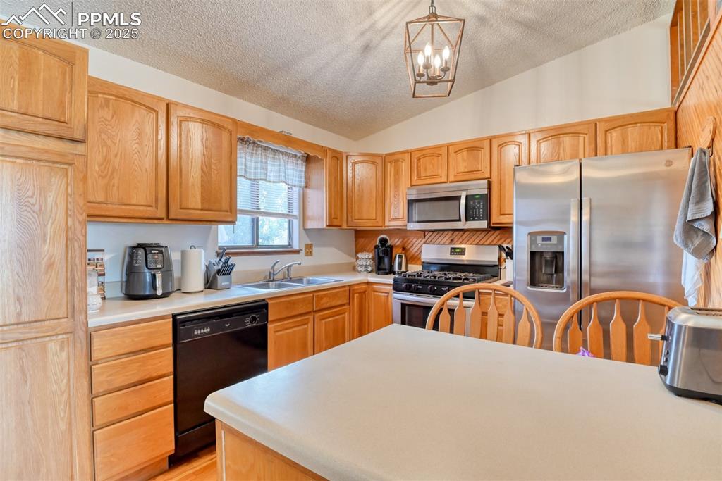 Image 14 of 46: Kitchen featuring stainless steel appliances, vaulted ceiling, a textured c