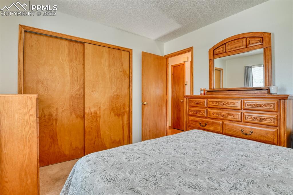 Image 37 of 46: Bedroom featuring carpet floors, a closet, and a textured ceiling