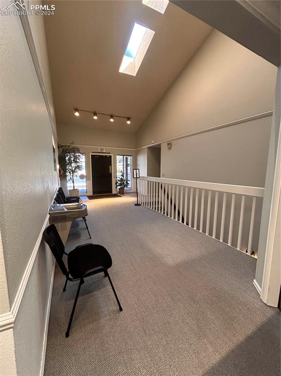 Image 35 of 45: Sitting room with carpet, vaulted ceiling with skylight, and track lighting